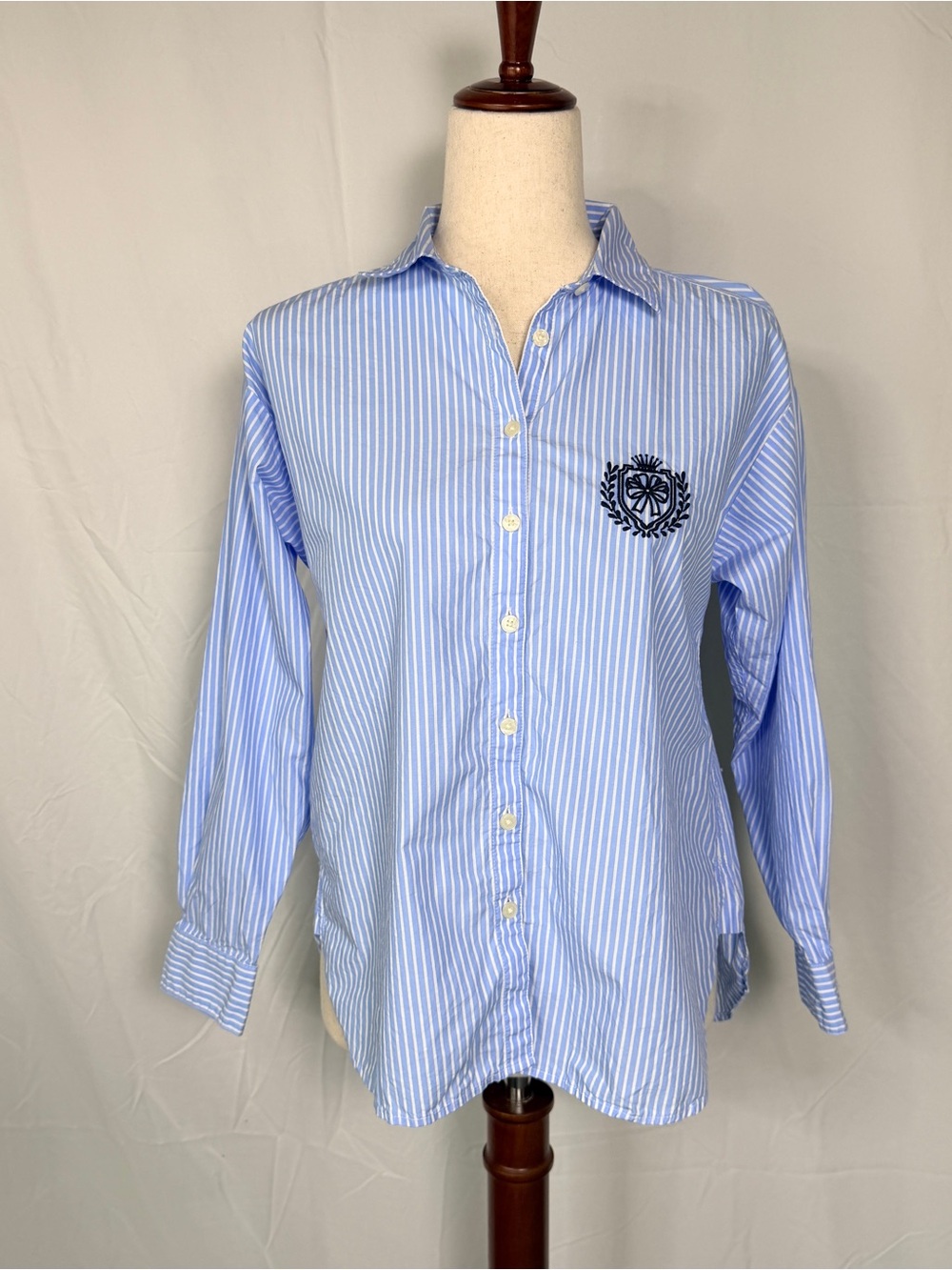 LOFT Blue Stripe Button-Up Shirt with crest,preppy,old money, academia, Cotton